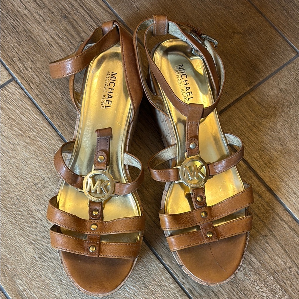 Michael Kors Brown T-Bar Sandals with Gold Logo